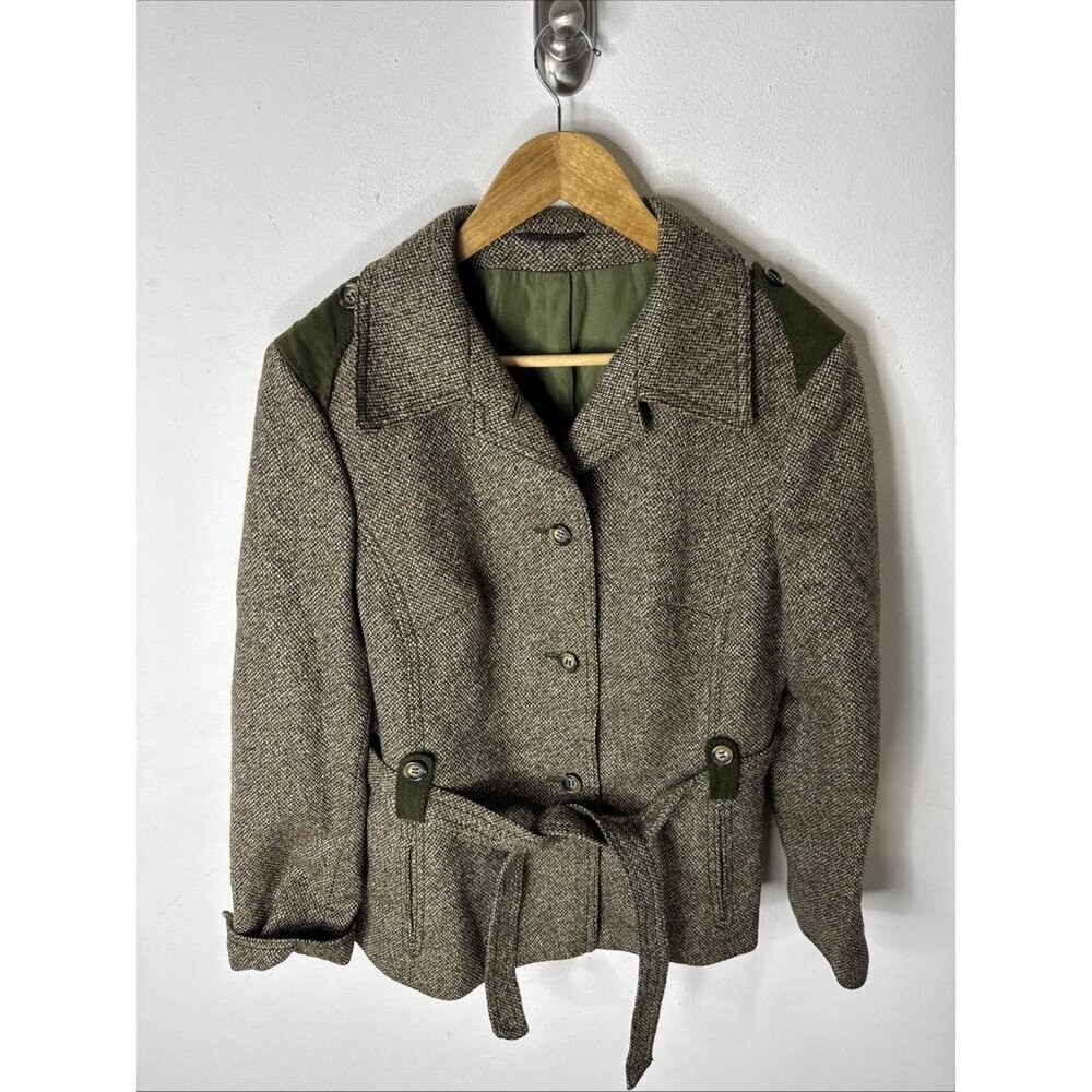 Vintage Lindner Women M Tweed Wool Jacket Green Suede Trim Equestrian 70s German